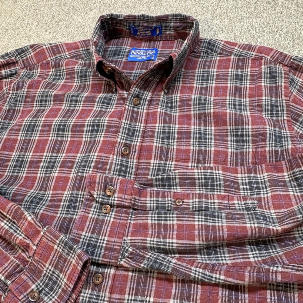 Pendleton Canterbury Cloth Plaid Button Down Shirt Men's Large Wool Cotton Blend